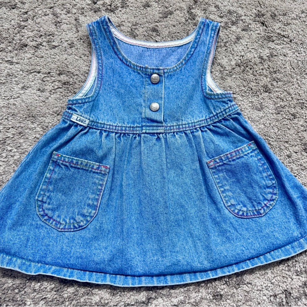 Vintage Lee Denim Jumper Dress 24M Rainbow Stitch Pockets